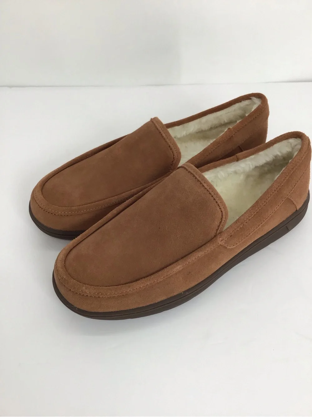 Vionic NWOT Men Gustavo Suede Faux Shear Slipper Water Repellent Toffee Size 7